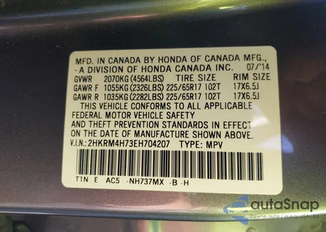 2014 Honda Cr-V Ex-L z USA, uszkodzony, nr VIN 2HKRM4H73EH704207